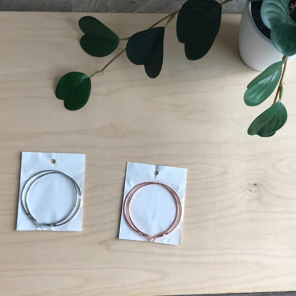 2 Pairs Big Hoop Earrings, Rose Gold & Silver, 70mm